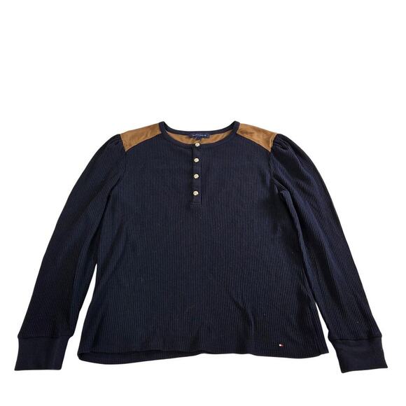 Tommy Hilfiger Large Faux Suede Yoke Henley Top Thermal Western - Picture 1 of 9